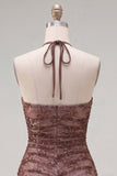 Chocolade Bodycon halter hals met gerimpelde homecoming jurk met kralen