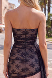 Zwarte strapless bodycon met gerimpelde kralenjurk met homecoming jurk en sjerp
