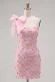 Roze 3D bloemenjurk met één schouder strik bodycon homecoming jurk