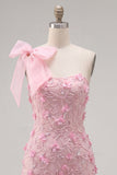 Roze 3D bloemenjurk met één schouder strik bodycon homecoming jurk