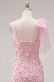 Roze 3D bloemenjurk met één schouder strik bodycon homecoming jurk