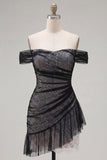 Off-the-shoulder zwarte tule bodycon asymmetrische homecomingjurk met ruches