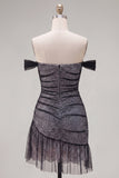 Off-the-shoulder zwarte tule bodycon asymmetrische homecomingjurk met ruches