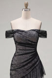 Off-the-shoulder zwarte tule bodycon asymmetrische homecomingjurk met ruches