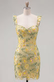 Gele, gebloemde pailletten geborduurde sweetheart bodycon homecomingjurk