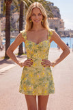 Gele, gebloemde pailletten geborduurde sweetheart bodycon homecomingjurk
