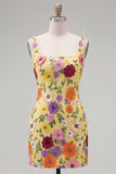 Gele, vierkante hals bodycon bloemen homecoming jurk met borduurwerk