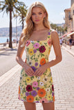Gele, vierkante hals bodycon bloemen homecoming jurk met borduurwerk