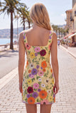 Gele, vierkante hals bodycon bloemen homecoming jurk met borduurwerk