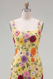 Gele, vierkante hals bodycon bloemen homecoming jurk met borduurwerk