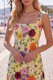 Gele, vierkante hals bodycon bloemen homecoming jurk met borduurwerk