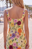 Gele, vierkante hals bodycon bloemen homecoming jurk met borduurwerk
