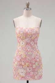 Roze strapless bloemen korte bodycon homecomingjurk met kralen