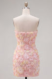 Roze strapless bloemen korte bodycon homecomingjurk met kralen