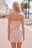 Roze strapless bloemen korte bodycon homecomingjurk met kralen