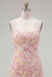 Roze strapless bloemen korte bodycon homecomingjurk met kralen