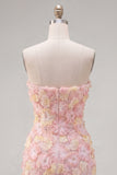 Roze strapless bloemen korte bodycon homecomingjurk met kralen