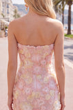 Roze strapless bloemen korte bodycon homecomingjurk met kralen