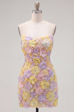 Roze strapless bloemen korte bodycon homecomingjurk met kralen