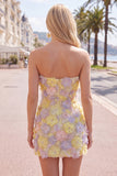 Roze strapless bloemen korte bodycon homecomingjurk met kralen
