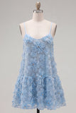 A-Line blauwe spaghettibandjes 3D bloemen homecoming jurk met kralen