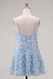 A-Line blauwe spaghettibandjes 3D bloemen homecoming jurk met kralen