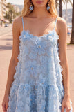 A-Line blauwe spaghettibandjes 3D bloemen homecoming jurk met kralen