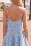 A-Line blauwe spaghettibandjes 3D bloemen homecoming jurk met kralen