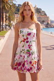 Roze Rode Bloem A-lijn Spaghetti Straps Korte Homecoming Jurk met Borduurwerk