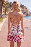 Roze Rode Bloem A-lijn Spaghetti Straps Korte Homecoming Jurk met Borduurwerk