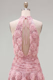 Roze A-lijn halter hals pailletten korte homecomingjurk met 3D bloemen