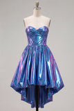 Koninklijk blauwe metallic A-lijn sweetheart gerimpelde korset Asymmetrische Homecoming jurk
