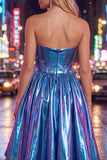 Koninklijk blauwe metallic A-lijn sweetheart gerimpelde korset Asymmetrische Homecoming jurk