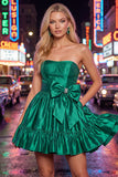 Strapless donkergroene A-lijn ruches Homecoming jurk met strik