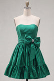 Strapless donkergroene A-lijn ruches Homecoming jurk met strik