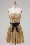 Gouden A-lijn metallic strapless geplooide homecomingjurk met gerimpelde comingtijd met strik