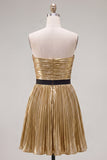 Gouden A-lijn metallic strapless geplooide homecomingjurk met gerimpelde comingtijd met strik