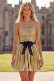 Gouden A-lijn metallic strapless geplooide homecomingjurk met gerimpelde comingtijd met strik