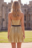 Gouden A-lijn metallic strapless geplooide homecomingjurk met gerimpelde comingtijd met strik