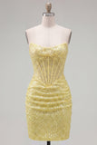 Glinsterend gele bodycon strapless korset met veter op de achterkant pailletten homecoming jurk met kralen