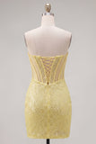 Glinsterend gele bodycon strapless korset met veter op de achterkant pailletten homecoming jurk met kralen