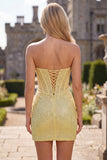 Glinsterend gele bodycon strapless korset met veter op de achterkant pailletten homecoming jurk met kralen