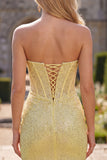 Glinsterend gele bodycon strapless korset met veter op de achterkant pailletten homecoming jurk met kralen