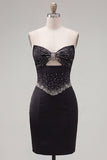 Zwarte Bodycon Sweetheart Corset Satijn kralenbezette Homecoming jurk met strik