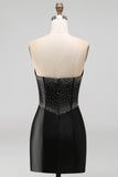 Zwarte Bodycon Sweetheart Corset Satijn kralenbezette Homecoming jurk met strik