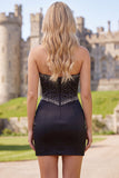 Zwarte Bodycon Sweetheart Corset Satijn kralenbezette Homecoming jurk met strik