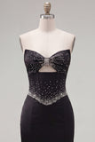Zwarte Bodycon Sweetheart Corset Satijn kralenbezette Homecoming jurk met strik