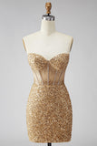 Glitterende gouden Bodycon Sweetheart doorschijnende korsetpailletten Homecoming jurk