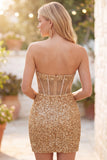 Glitterende gouden Bodycon Sweetheart doorschijnende korsetpailletten Homecoming jurk
