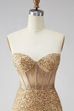 Glitterende gouden Bodycon Sweetheart doorschijnende korsetpailletten Homecoming jurk